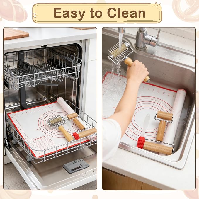 4Pcs Pizza Baking Tool Kit with Dough Docker, Non-Slip Silicone Baking Mat & Wooden Rolling Pin – Essential Tools for Pizza, Pie, Pastry, Bread and Cookies