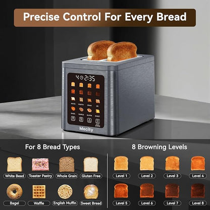 Mecity 2 Slice Smart Touchscreen Toaster, Stainless Steel Wide Slot Toasters with Auto Lift & 30-Minute Warm, Memory Function, Defrost & Auto Shutoff, Digital Electric Bread Toaster for Bagels