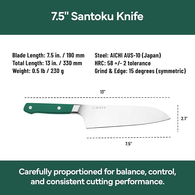 Misen 7.5" Santoku Knife - High Carbon Stainless Steel - Classic Japanese Chef Knife Design for Cutting, Slicing, and Chopping - Razor Sharp Japanese Style Kitchen Knife - Green