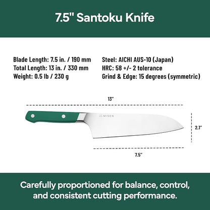 Misen 7.5" Santoku Knife - High Carbon Stainless Steel - Classic Japanese Chef Knife Design for Cutting, Slicing, and Chopping - Razor Sharp Japanese Style Kitchen Knife - Green
