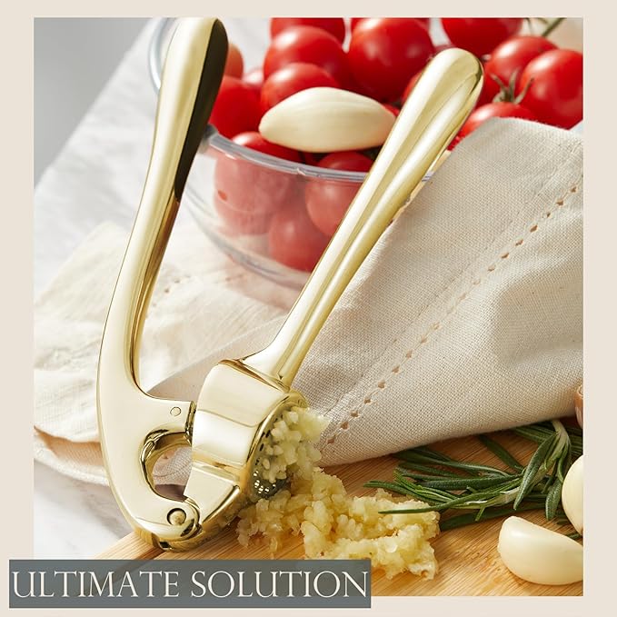Kitessensu High Effective Premium Garlic Press Set, With Silicone Garlic Peeler & Brush, Heavy Duty Garlic Mincer, Easy to Squeeze and Clean, Rust Proof & Dishwasher Safe - Gold