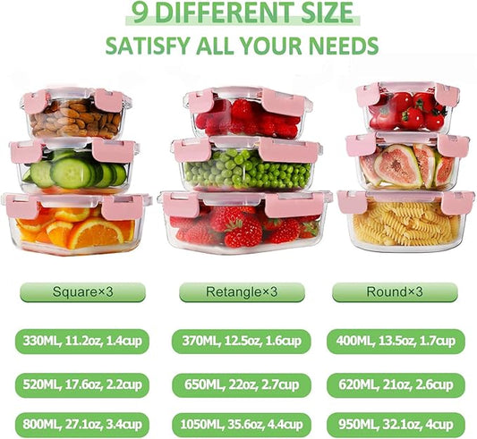 HOMBERKING Glass Food Storage Containers with Lids, [18 Piece] Glass Meal Prep Containers, Airtight Lunch Bento Boxes, BPA-Free & Leak Proof (9 lids & 9 Containers) - Pink