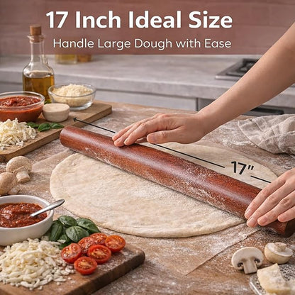 17 Inch French Rolling Pin, Wooden Dough Roller for Baking, Solid Wood Tapered Rolling Pin for Pizza, Pie Crust, Cookies, Pastry, Non-Stick, Easy Control Kitchen Baking Tool, African Rosewood