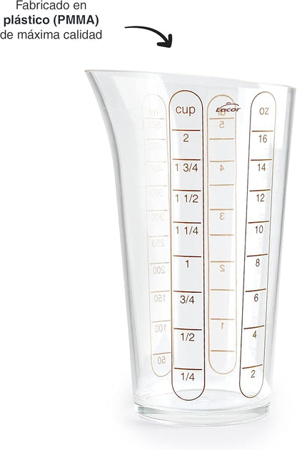 Lacor - 67075 - Basic Measuring Cup, Container with Measurements, Liquid Meter, Highest Quality Plastic, BPA Free, 8.5 cm, 0.5 L