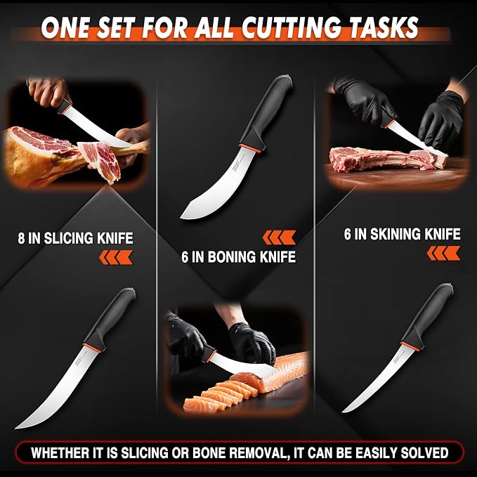 TIVOLI Butcher Knife Set 3pcs - Game Processing Knife Set with Gift Box - Non-Slip Softgrip & German Stainless Steel - Skinning Boning Trimming Knives for Meat - Gifts for Men and Women