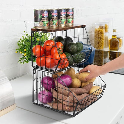 Wawocs 2 Tier Stackable Wall Mounted Hanging Basket, Fruit Basket for Kitchen Counter, Storage Bin with Wood Lid, Onion Storage, Fruit and Vegetable Storage, Countertop Organizer