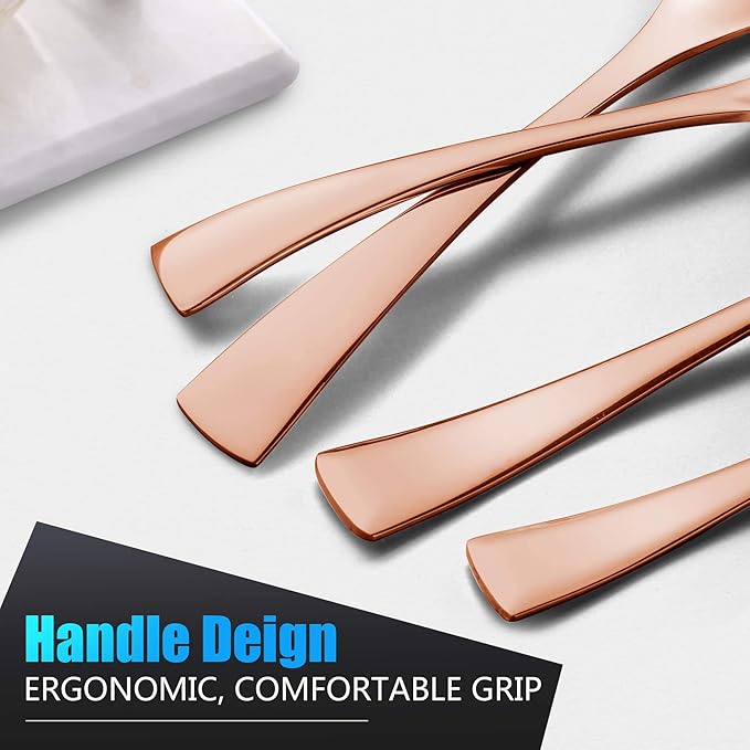 Lemeya 24-Pieces Rose gold Silverware Set with Steak Knives,Heavy Duty 18/10 Stainless Steel Flatware Set for 4,Modern Cutlery,Mirror Polished,Dishwasher Safe