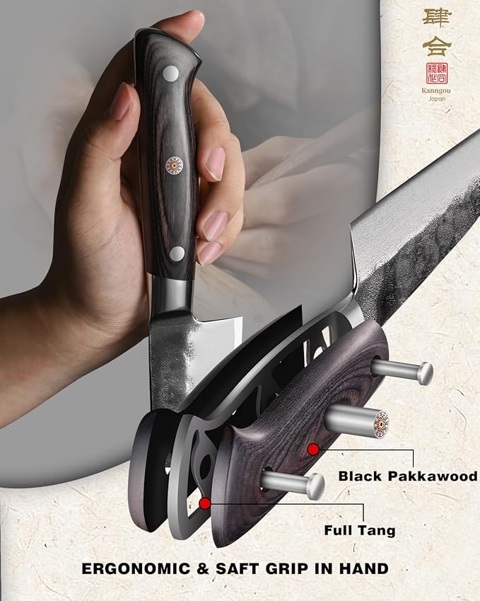 kanngou Japanese Chef Knife AUS-8 Alloy Steel 7 Inch Kiritsuke Knife, Razor Sharp Kitchen Cooking Knife with Full-Tang Black Pakkawood Handle and Gift Box