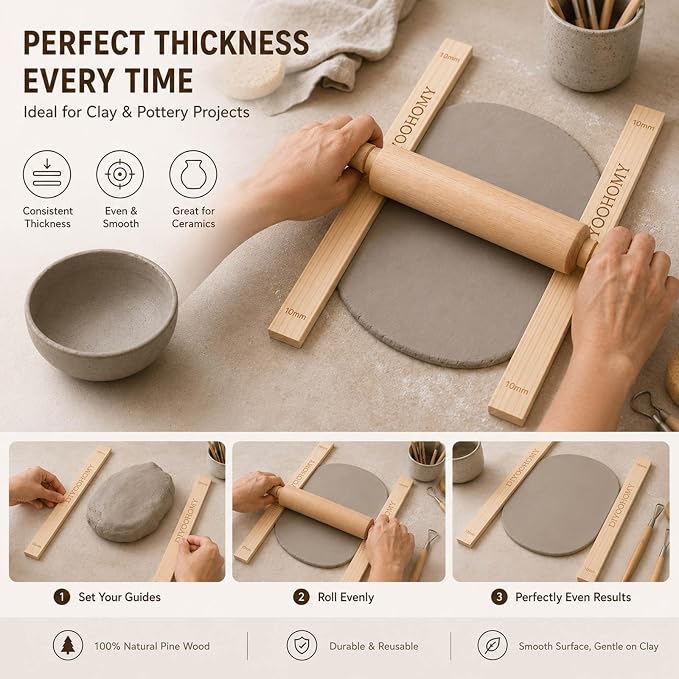 DIYOOHOMY 10 Pcs 17" L Rolling Pin Guides for Dough, Pizza, Bread, Pastry Thickness, Polymer Clay Tools, Wooden Slab Roller for Clay Machine, Clay Rolling Pin Depth Guide for Pottery Ceramics Supplies