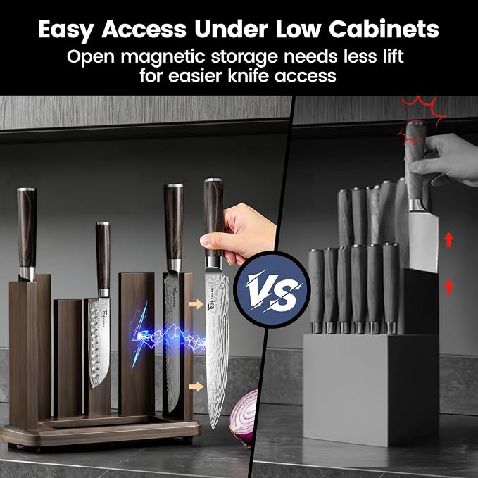 SYOKAMI 15-Piece Kitchen Knife Set with Magnetic Block, New for 2026, Detachable Steak Knife Block for Table Service, Built-In Sharpener, Wood Handle, Damascus Pattern, Housewarming Gifts