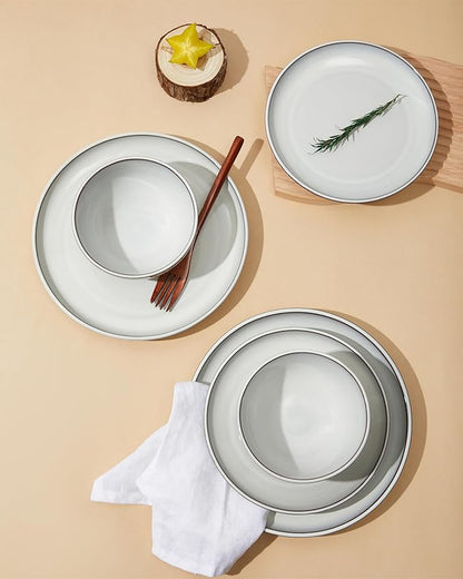 Pokini 16 Piece Double Bowl Dinnerware Sets with Pasta Bowls, Highly Chip and Crack Resistant Plates and Bowls Sets, Natural Earthyware Ceramic Dishware Sets, Service for 4 Moonstone White