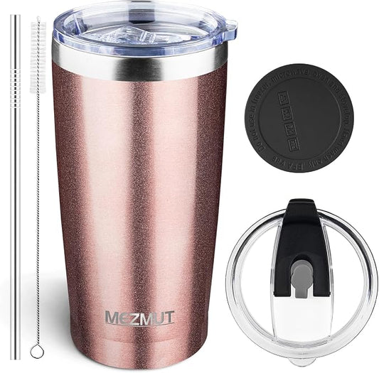 MEZMUT 20oz Tumbler Coffee Travel Mug with Daul Lid and Straw, Stainless Steel Double Wall Vacuum Spill Proof Insulated Tumbler, Hot or Iced Coffee Cups for Drinks (1Pack, Rose Gold)