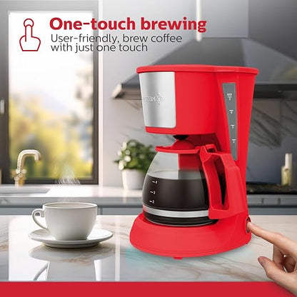 Holstein Housewares 5 Cup Drip Coffee Maker – Compact and User-Friendly with Auto Pause & Serve, Reusable Filter, Measuring Spoon & Glass Carafe, Office & Dorm Use, Red