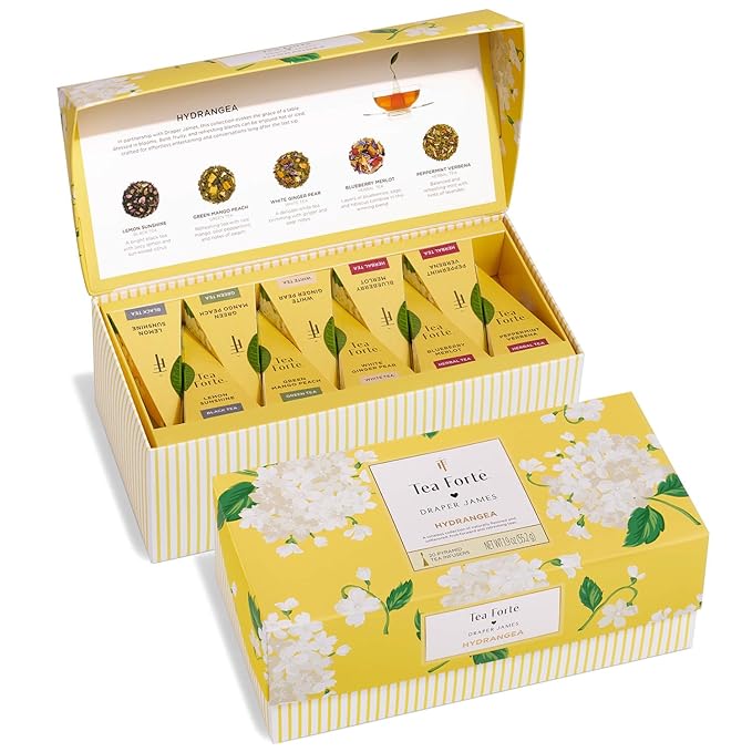 Tea Forte Premium Presentation Box Gift Set Sampler, 20 Count, Assorted Blends Individually Wrapped Handcrafted Pyramid Infuser Bags, Hydrangea