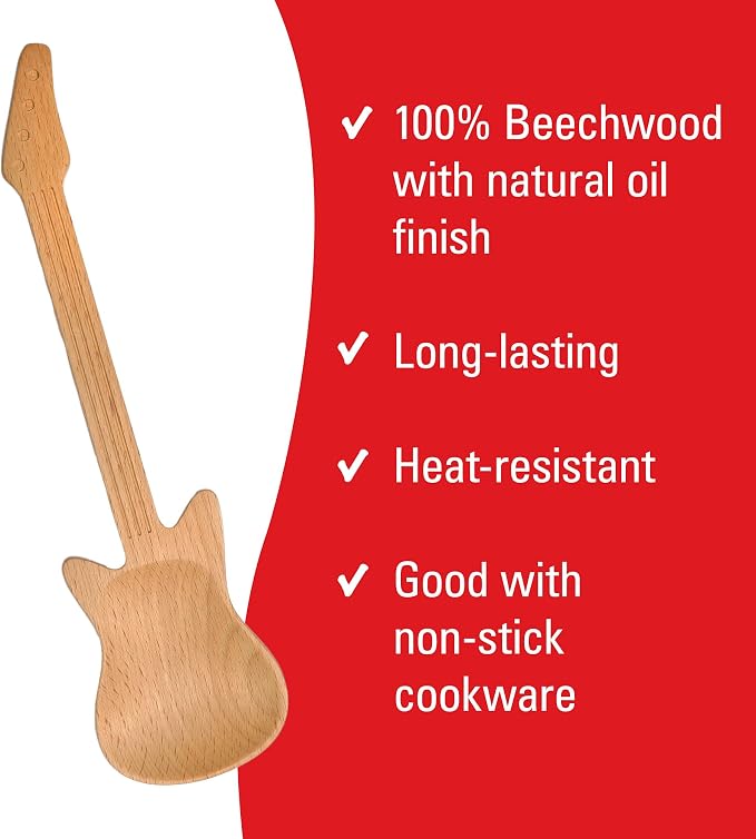 Kikkerland Novelty Guitar Wooden Spoon for Kitchen – Beechwood, Heat Resistant, Use with Non-Stick Cookware – Unique Gift for Music Lovers and Cooking Enthusiasts
