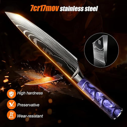 8-Piece Premium Japanese Kitchen Knife Set - Star Collection, Laser Damascus Pattern, 440A Stainless Steel Ultra Sharp for Fast Cutting (DMS-8A-Purple)