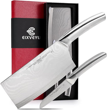 2 Pieces Knife Set Cleaver Knife and Paring knives,Stainless Steel Fruit Meat Knife with Damascus Pattern,Anti-Slip Hollow Handle