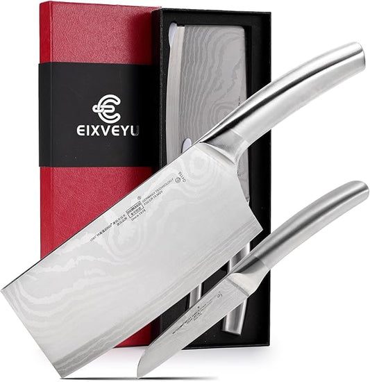 2 Pieces Knife Set Cleaver Knife and Paring knives,Stainless Steel Fruit Meat Knife with Damascus Pattern,Anti-Slip Hollow Handle