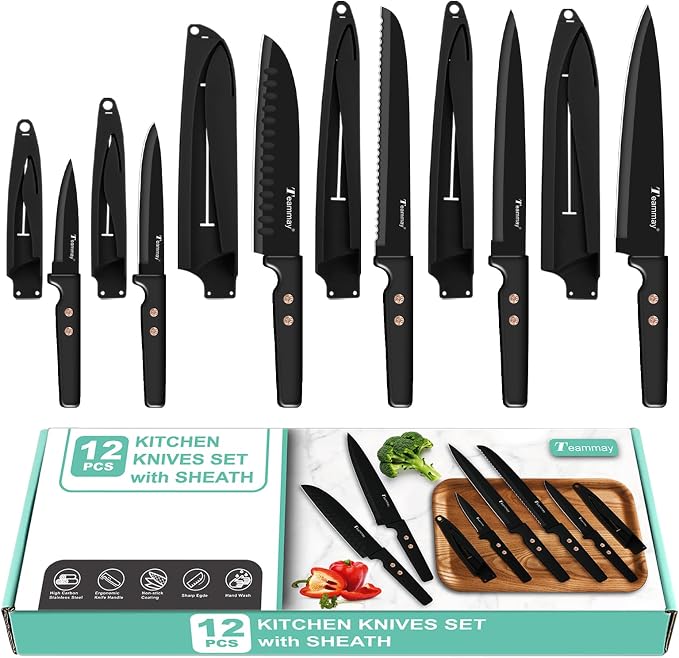 12-Piece Kitchen Knife Set, Stainless Steel Knives with Non-Stick Coating, Dishwasher Safe, Black Knife Set with Rose Gold Rivets 6 Blade Guards, Perfect for Home Chefs Cooking Enthusiasts