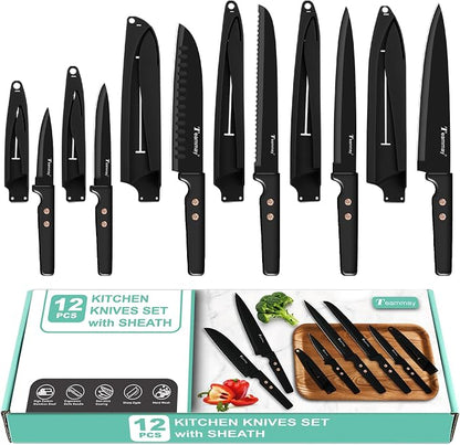 12-Piece Kitchen Knife Set, Stainless Steel Knives with Non-Stick Coating, Dishwasher Safe, Black Knife Set with Rose Gold Rivets 6 Blade Guards, Perfect for Home Chefs Cooking Enthusiasts