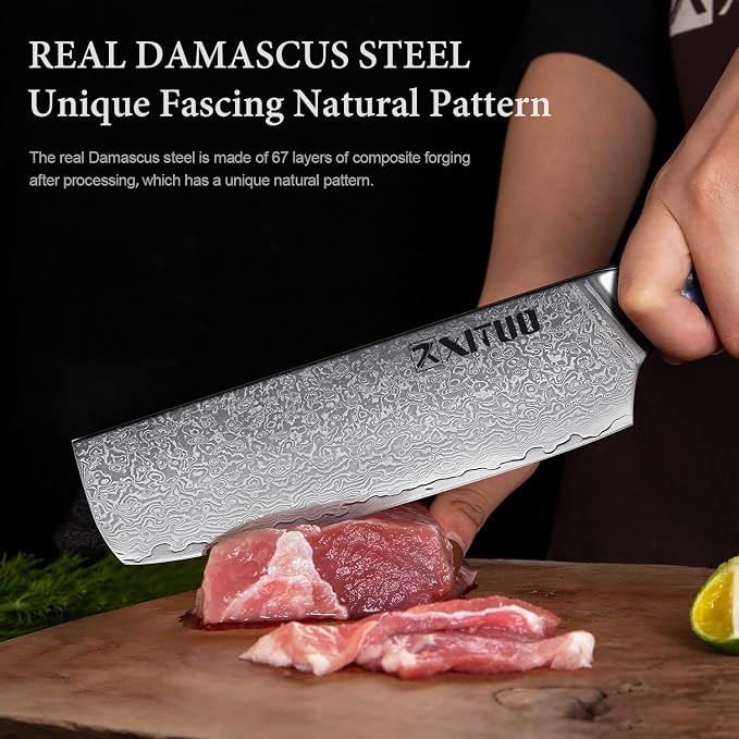 XITUO 7-Inch Nakiri Knife, Japanese VG-10 Damascus Steel (67 Layers), Razor Sharp Asian Vegetable & Meat Chopper, Ergonomic Abalone Shell Handle, Chef Knife with Gift Box