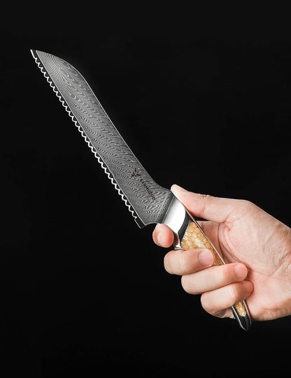 8 inch Serrated Bread Knife, Japanese VG-10 Damascus Steel Kitchen Knife, Ultra Sharp Bread Cutting Knife with Full-tang Handle in Yellow Resin, LA-S9 Series