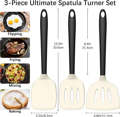 Coukre 3 Pack Silicone Spatula Set, High Heat Resistant, BPA-Free, Fish Spatula, Solid & Slotted Turner for Non-Stick Pans, Flipping Eggs, Pancakes, Fish, Burgers (3, BeigeBlack)