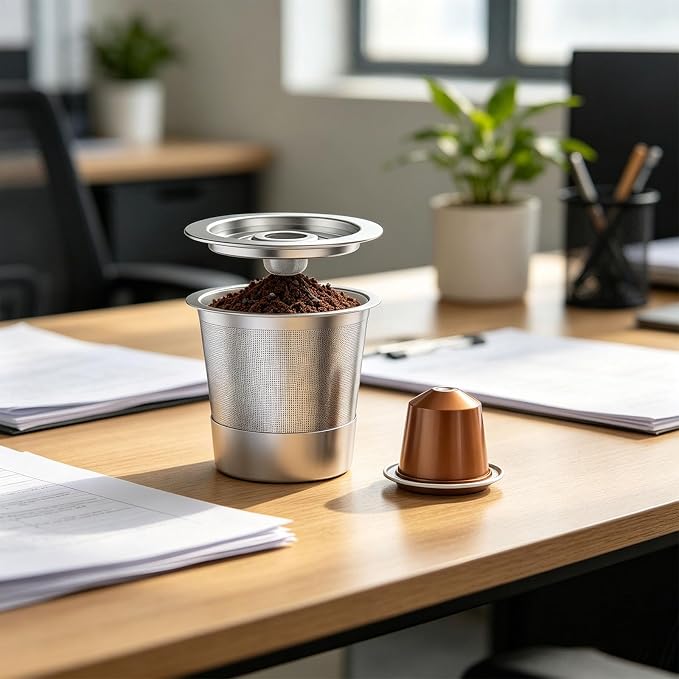 Reusable Stainless Steel Coffee Cup with Measuring Spoon for Single Serve Machines Sustainable Design
