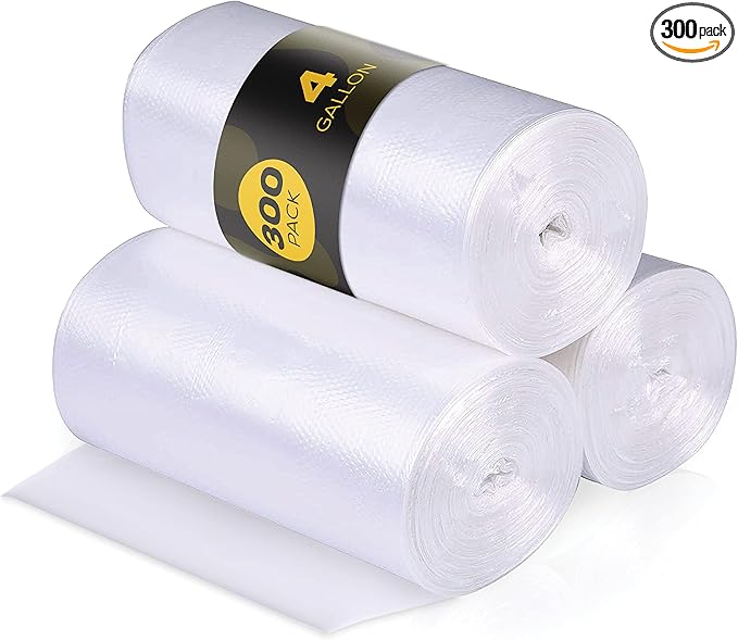 4 Gallon Trash Bags - 300 Small Mini Garbage Bags | 17" x 18" Clear Waste Basket Trash Bags | Bulk Plastic Bathroom Trash Can Liners