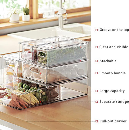 Mano 3PackFridge Drawer Pull Out Stackable Bins with Handle Clear Refrigerator Drawers Organizer Food Storage Container Box with Dividers Plastic Produce Saver for Pantry, Cabinet, Kitchen（2L+1XL）