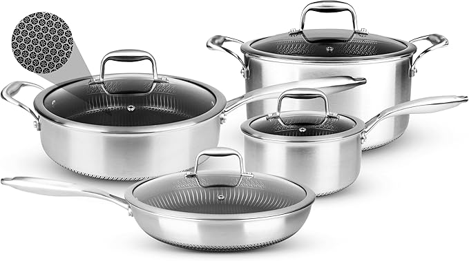 NutriChef 8-Piece Triply Cookware Set Stainless Steel - Triply Kitchenware Pots & Pans Set Kitchen Cookware, Non-Stick Coating - Sauce Pot, Stew Pot, Cooking Pot, Frying Pan, Lids - NC3PLY8Z
