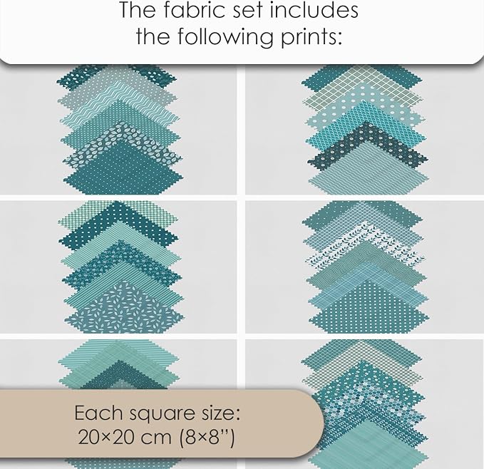Cotton Satin Patchwork Fabric Panel – 35 Designs, 20×20 cm Squares, Single Piece 150×110 cm, Green Patchwork Quilt Fabric (Turquoise Waves Patchwork Set, 35pcs 8x8 inch)