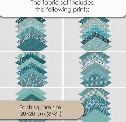 Cotton Satin Patchwork Fabric Panel – 35 Designs, 20×20 cm Squares, Single Piece 150×110 cm, Green Patchwork Quilt Fabric (Turquoise Waves Patchwork Set, 35pcs 8x8 inch)