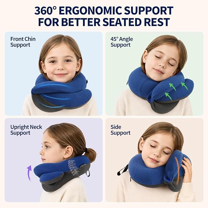 BUYUE Kids Travel Pillows for Airplane, Memory Foam 360° Head Support Sleeping Essentials for Boys Long Flight, Skin-Friendly Soft Neck Pillow for Traveling in Car Seat, (Small, Blue Grey, 40-90 lbs)