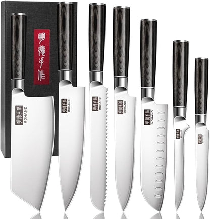 MDHAND Kitchen Knife Set, 7 Pieces Ultra Sharp Japanese Knife Set, High Carbon Stainless Steel Professional Chef Knives Set with Black Pakkawood Handle for Home Cooking, Dishwasher Safe