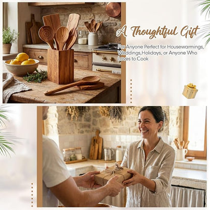 Qinyoung 10 Pack Olive Wood Cooking Utensils Olive Wood Kitchen Utensils Mixing Spatula Spoon Fork Set with Gift Box for Cooking Baking Meal, Birthday Anniversary Mother's Day Housewarming Gifts