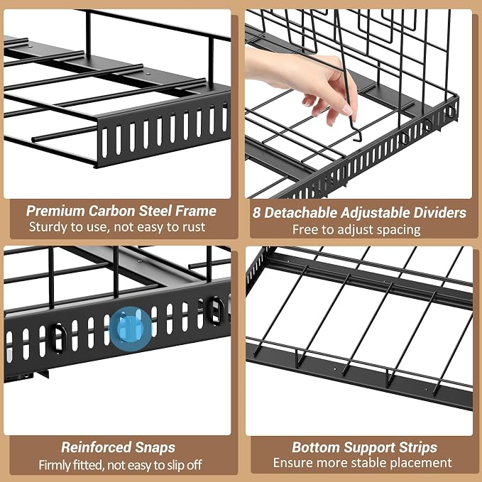 Housolution Pull Out Large Baking Tray and Cookie Sheet Organizer, 13"-22" Width Expandable Cutting Board Holder with 8 Adjustable Dividers, 21.5" Deep Bakeware Storage Rack for Cabinet, Black