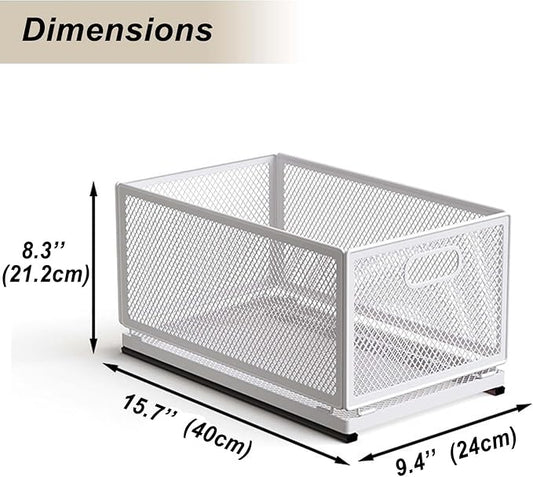 Pull-Out Cabinet Organizer W 9.4"x D 15.7"XH 8.3" Metal Steel Slide Basket with Adhesive Rails for Kitchen, Closet, Pantry Storage bathroom Sliding Drawer Rack undersink shelf