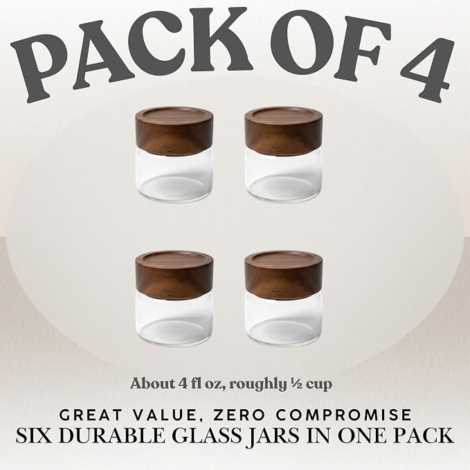 Wide Mouth Glass Storage Jars With 2.5" Acacia Wood Lids - 4 Pack of 4 Oz Food Storage Containers - Borosilicate Glass Canisters Sets For Kitchen - Pantry Organizers and Storage for Rice Coffee Beans