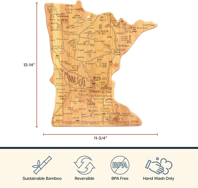 Totally Bamboo Destination Minnesota Shaped Cutting Board – Bamboo Charcuterie and Serving Board with Hang Tie for Wall Display