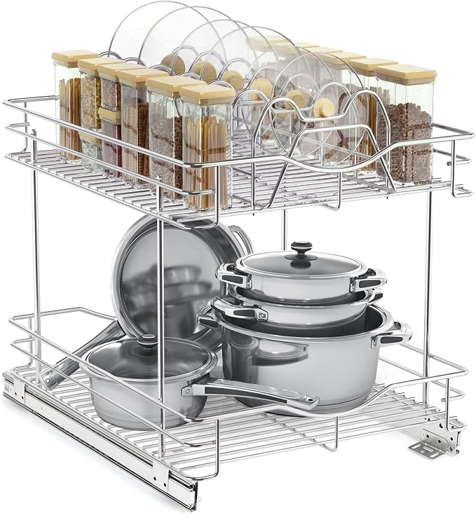 FULGENTE Professional Pull Out Cabinet Organizer Rack for Lid Cookware 14" W x 18" D 2 Tier Slide Out Kitchen Cupboard Under Sink Shelves Storage Pullout Pan Pot Organizer Wire Frame Chrome Finish