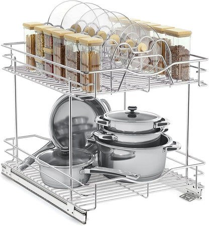 FULGENTE Professional Pull Out Cabinet Organizer Rack for Lid Cookware 14" W x 18" D 2 Tier Slide Out Kitchen Cupboard Under Sink Shelves Storage Pullout Pan Pot Organizer Wire Frame Chrome Finish