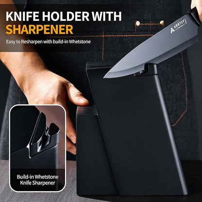 Knife Set with Block - Kitchen Knife Set German High-Carbon Steel - 15-Piece with Built-in Sharpener & Dishwasher Safe - Ergonomic Anti-Slip Handles,Black,Gift Box Included