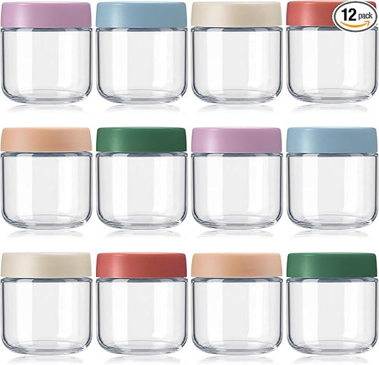 12 Pack Overnight Oats Containers with Lids, Wide Mouth Jars, Glass Food Storage Containers with Airtight Lids, CRYSTAL Storage Canister for Cereal Salad Spice Sugar (Bright Color,12oz)