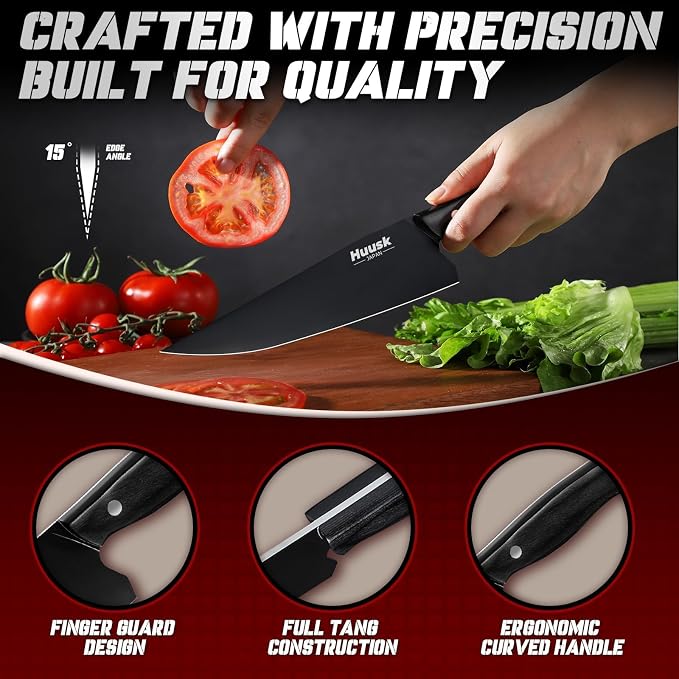 Huusk Japanese Chef Knife Set for Kitchen - 3 pcs Black Kitchen Knife Set with Titanium Coating, Stainless Cutting Knives Sets, Professional Cooking Knives for Vegetable Fruit Meat, Christmas Gift Men