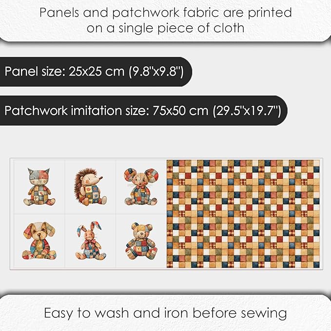 Patchwork Animals Cotton Fabric Panel – 6 Designs (10×10 inch Each) + Bonus Patchwork Sheet 29.5×19.6 inch, 100% Cotton 140 GSM