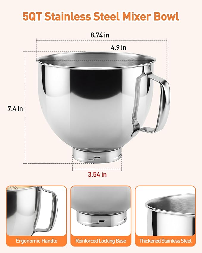 5 QT Food Grade Stainless Steel Mixing Bowl Compatible with KitchenAid Tilt-Head Stand Mixer 4.5-5 Quart, Replacement Kitchen Aid Bowl with Handle & Clasp, Dishwasher Safe
