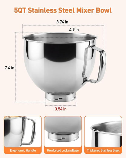 5 QT Food Grade Stainless Steel Mixing Bowl Compatible with KitchenAid Tilt-Head Stand Mixer 4.5-5 Quart, Replacement Kitchen Aid Bowl with Handle & Clasp, Dishwasher Safe