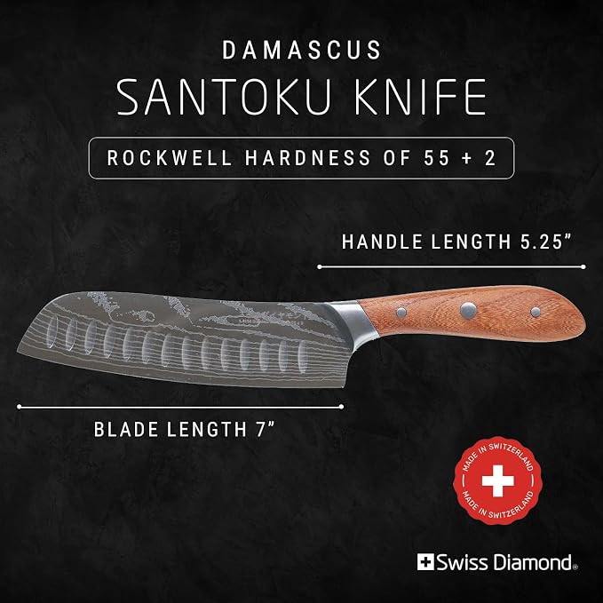 Swiss Diamond Santoku Knife, German Steel with Carbonized Ash Wood, Full Tang Handle, Damascus Blade Chef Knives Professional Grade, 55+2 Rockwell Hardness, 7 Inch