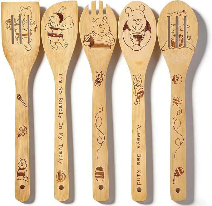Bear Gifts for Women 5 PCS Cartoon Wooden Spoons for Cooking Bear Kitchen Accessories Cute Bee Spatula for Pooh Kitchen Decor Engraved Spoon Kitchen Stuff for Women Birthday Gifts